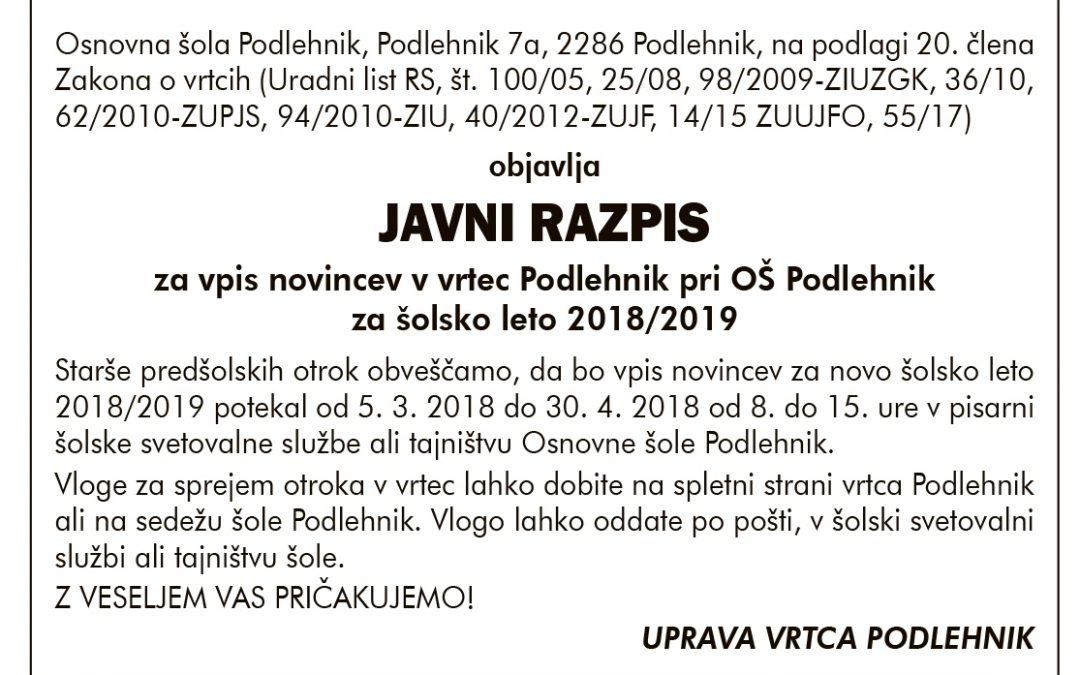 Vpis novince v vrtec Podlehnik pri OŠ Podlehnik