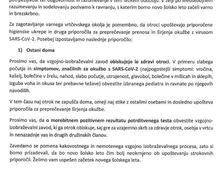 Obvestilo staršem o preventivnem ravnanju za varno vrtčevsko okolje ob pričetku 2022/2023